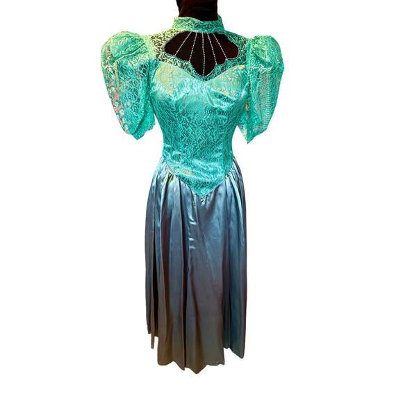 Vintage 80’s does 50’s Lace Teal Green Silver Gray Taffeta Formal Dress X Small - Picture 1 of 7